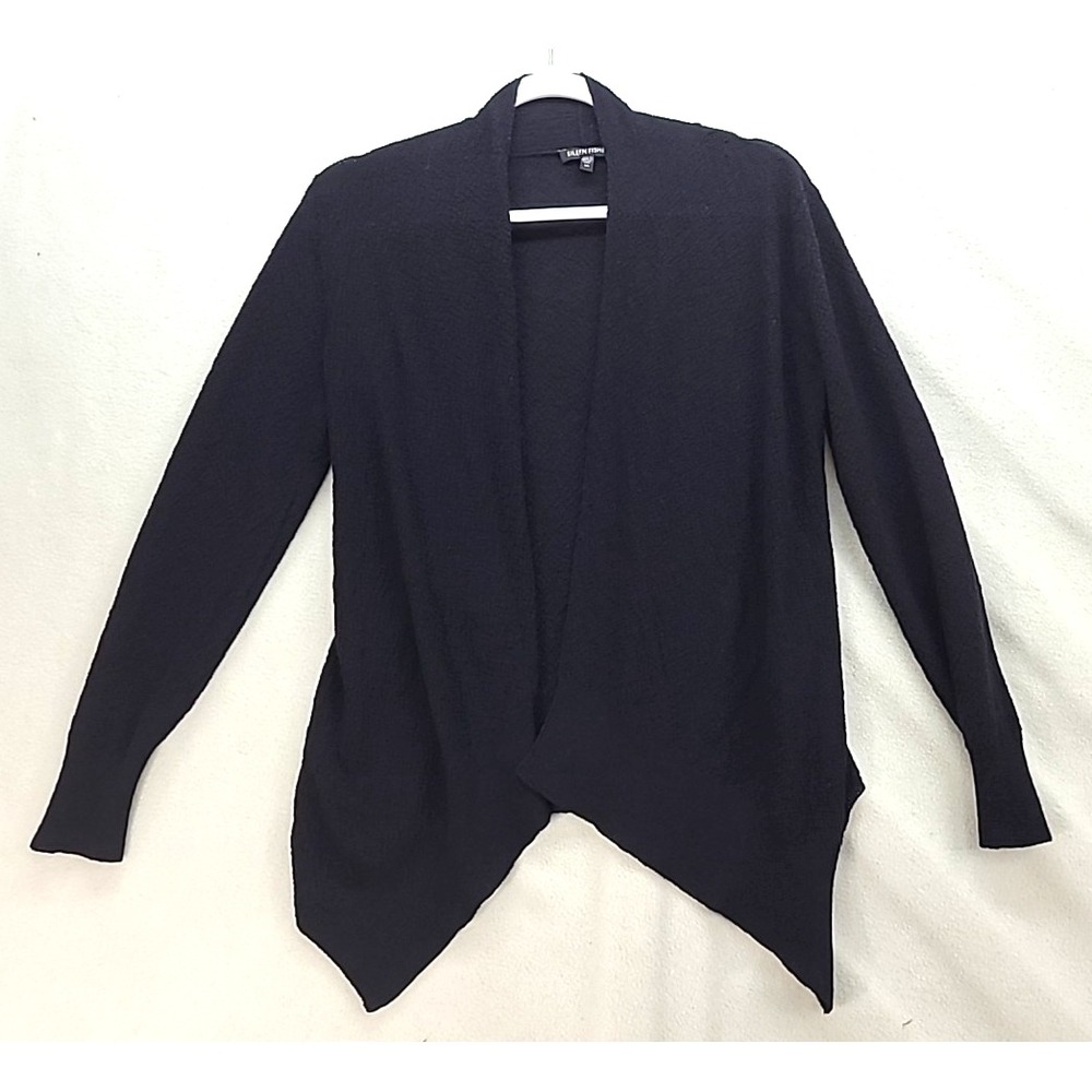 EILEEN FISHER Sweater XS Wool Draped Open Front Long Sleeve Navy Asymmetrical